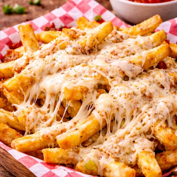 Close-up of Andy Boys Pizza's cheesy fries with melted cheese and seasonings in a red checkered basket.