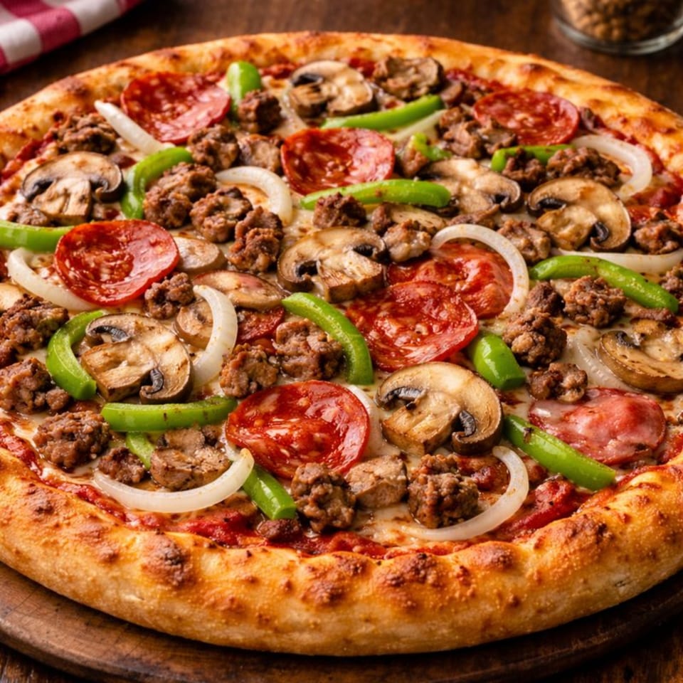 Andy Boys Pizza with pepperoni, sausage, mushrooms, green peppers, and onions on a wooden board.