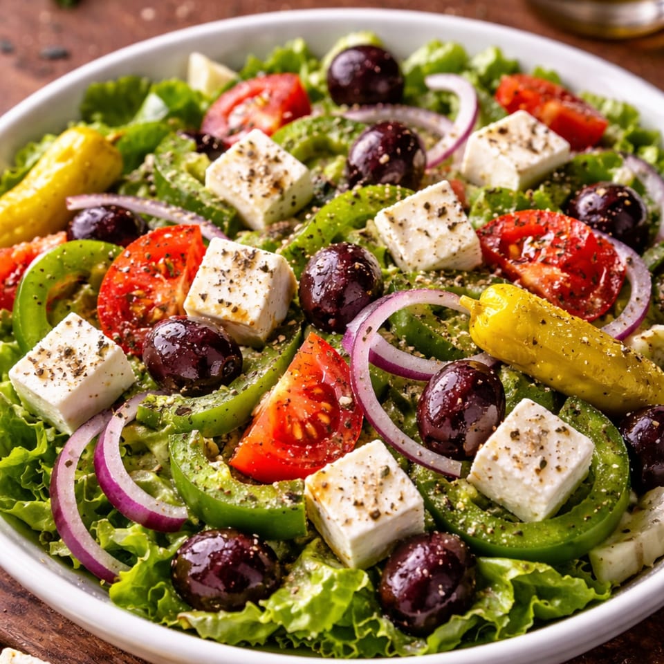 A vibrant Greek salad with lettuce, tomatoes, olives, feta, red onion, and pepperoncini.