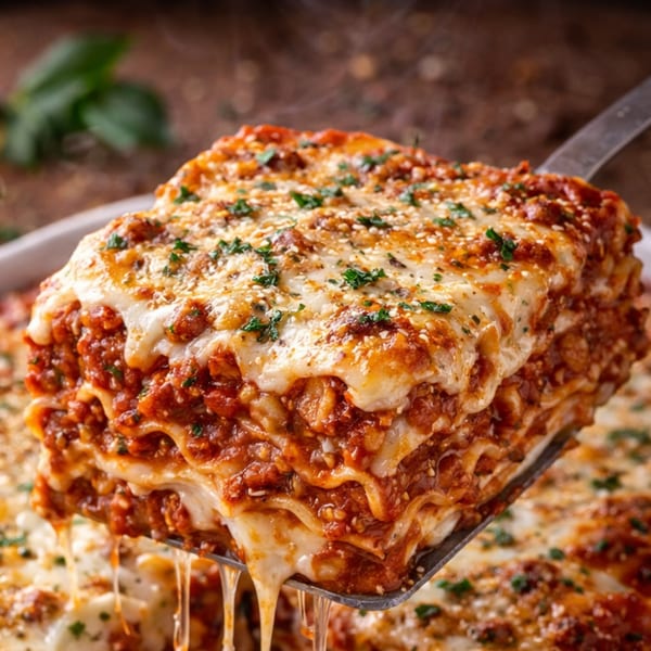 A steaming slice of Andy Boys Pizza's lasagna, rich with melted cheese and red sauce, lifted by a spatula.