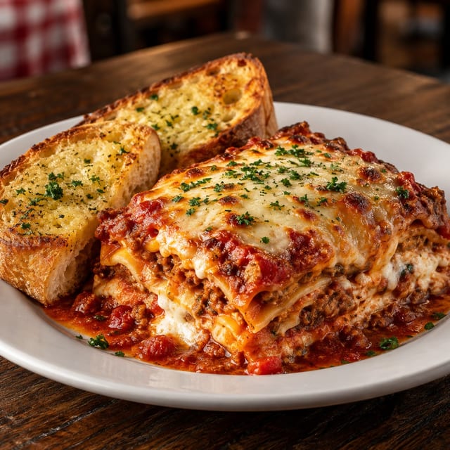 Lasagna Lunch with Garlic Bread.