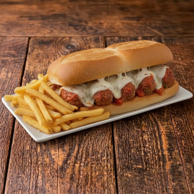 Large Meatball Sub With Fries.